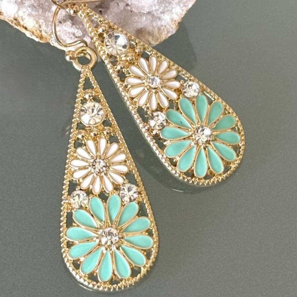 2"L Gold Filigree Rhinestone Pastel Teal White Daisy Teardrop Dangle Earrings